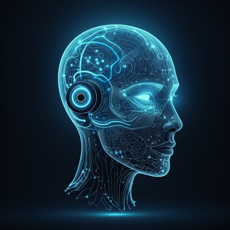 a blue glowing head with wires and wires