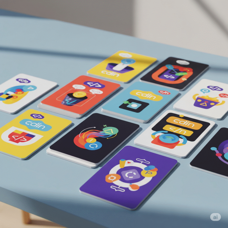 Stack of colorful coding flashcards with abstract visual representations of programming concepts.