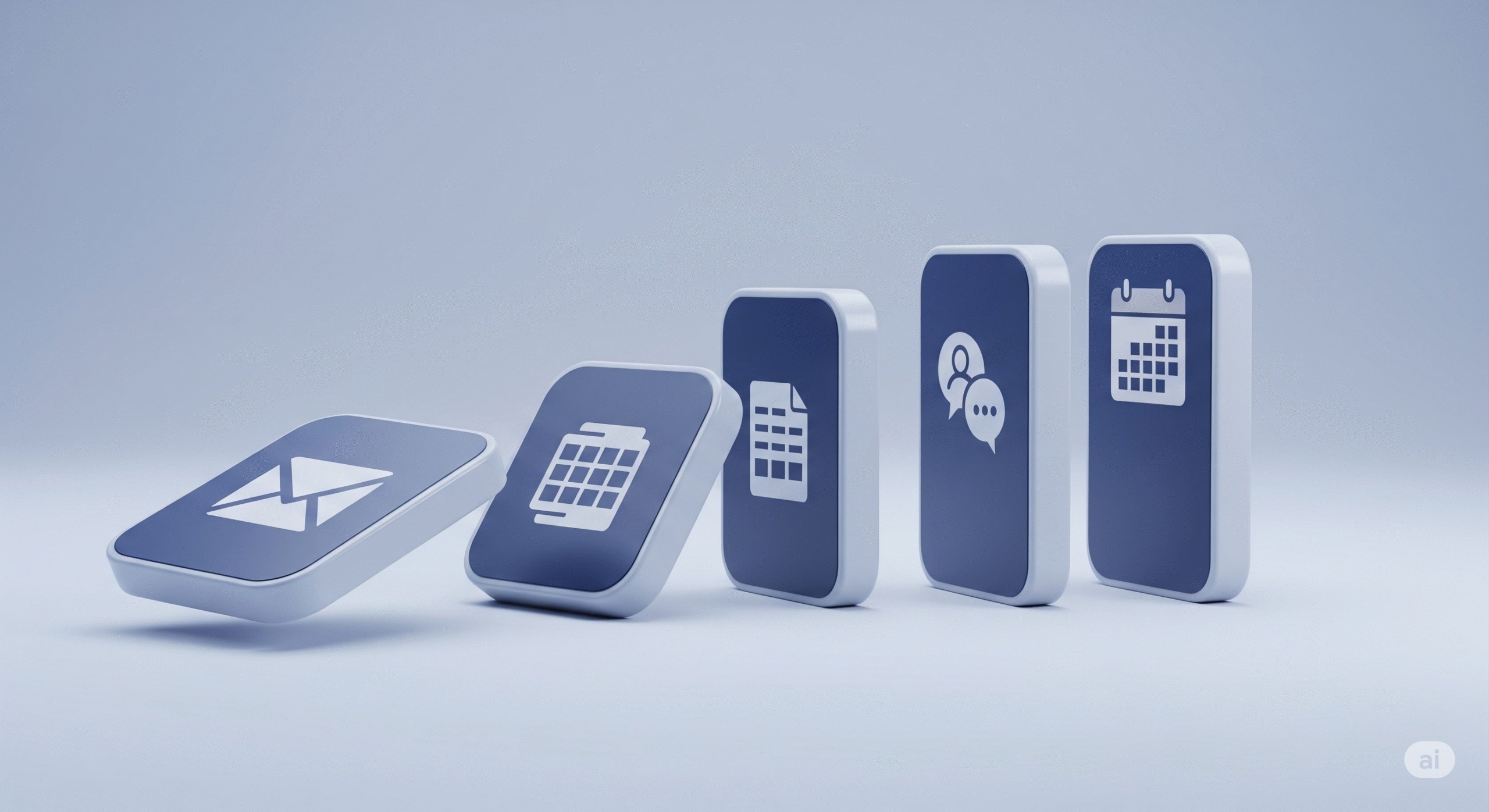 A series of dominoes with app icons tipping each other over, symbolizing a nocode automation workflow.