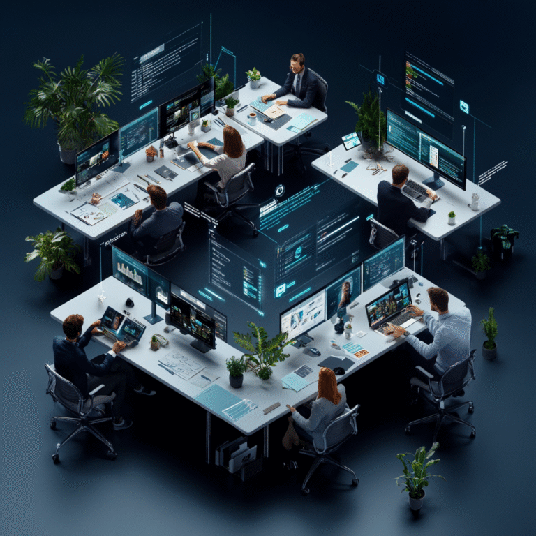 a group of people sitting at tables with computers