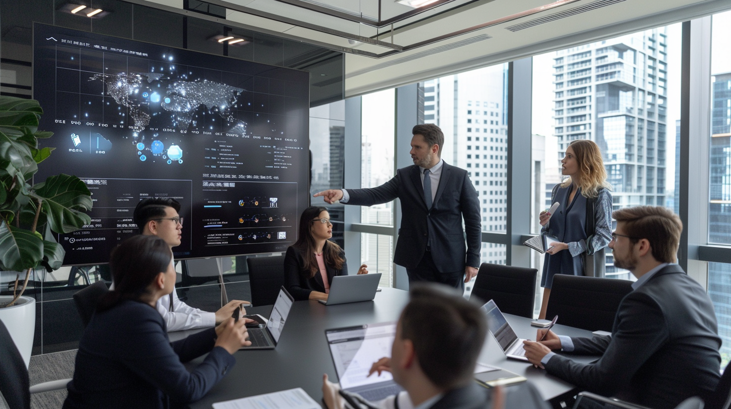 Diverse team of cybersecurity professionals collaborating around a conference table with AIpowered security dashboards visible on wallmounted screens