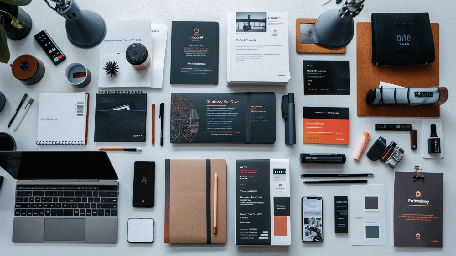 Professional branding materials and logo design workspace