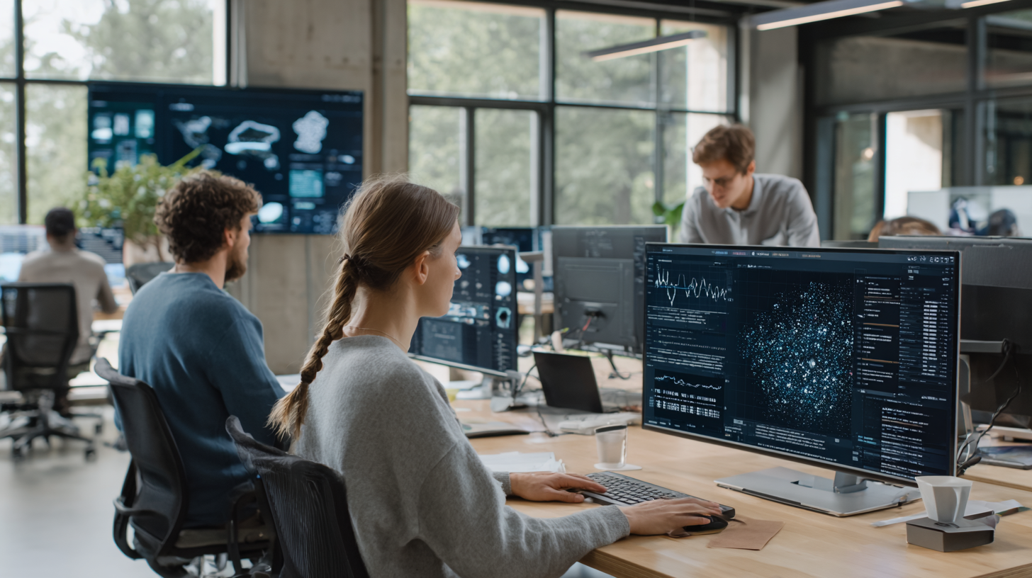 Diverse group of AI professionals collaborating on neural network project, modern workspace with large displays showing code and data visualizations, professional business environment, natural lighting