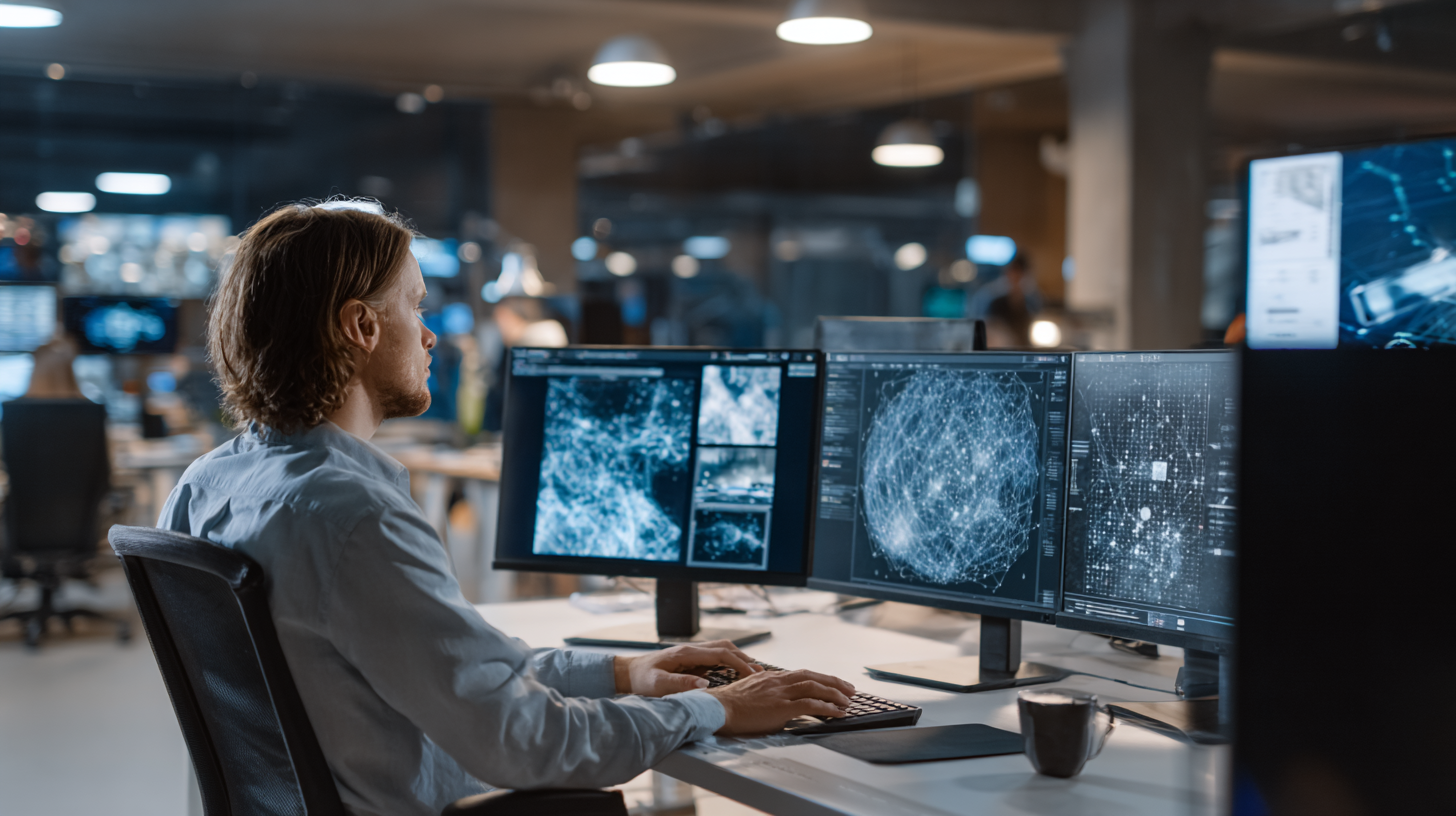 Professional developer working with neural network visualization on multiple monitors, holographic braincomputer connections floating above workspace, modern tech office environment, cinematic lighting, photorealistic