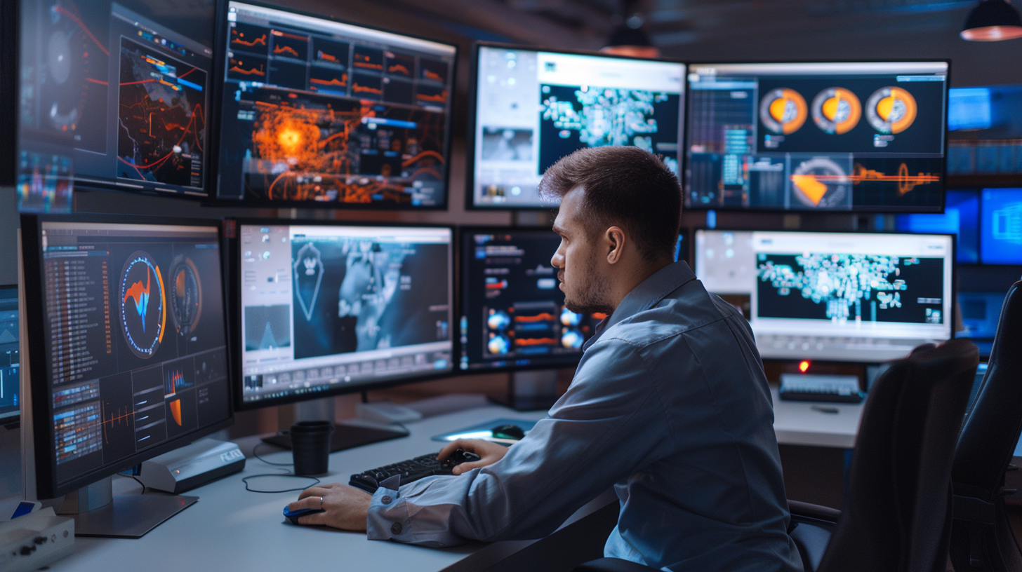IT professional configuring AIpowered cybersecurity training software on multiple computer screens showing data analytics and user interfaces