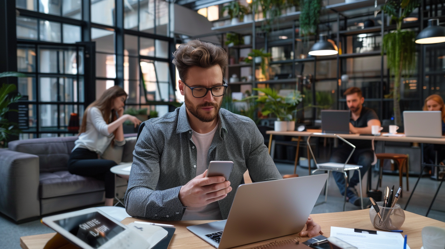 Employee using AIpowered security chatbot on smartphone while working at desk with laptop showing security training interface