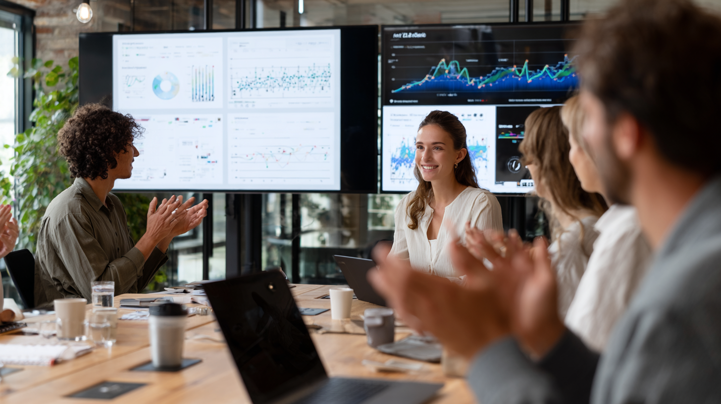 Diverse business team celebrating successful AutoML implementation, charts showing ROI growth on wall screens, modern conference room, professional atmosphere, success and achievement theme, photorealistic