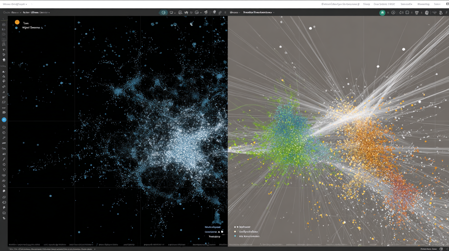 Split screen showing before and after clustering analysis: left side shows scattered chaotic data points, right side shows the same data organized into distinct colored clusters