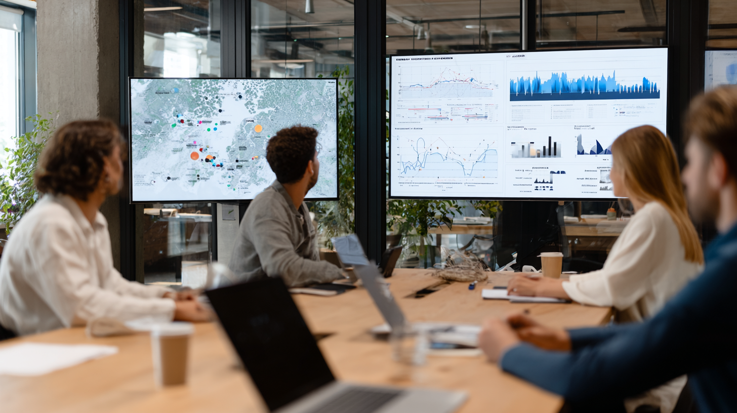 Professional business meeting with diverse team analyzing customer segmentation charts on large displays, modern conference room with clustering visualizations on screens