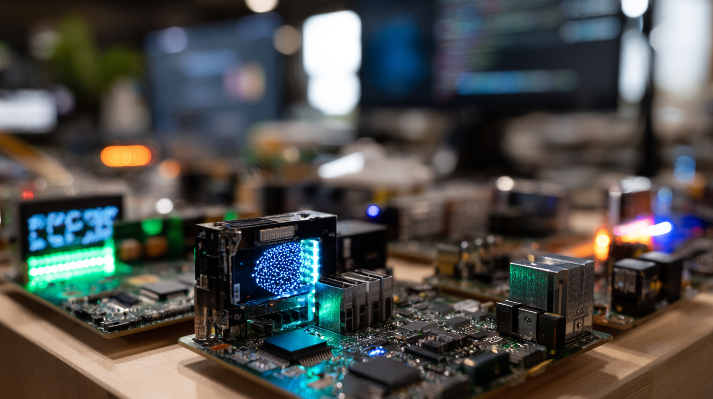 Closeup of advanced edge AI hardware including NVIDIA Jetson, Google Coral, and Raspberry Pi boards with glowing neural network patterns