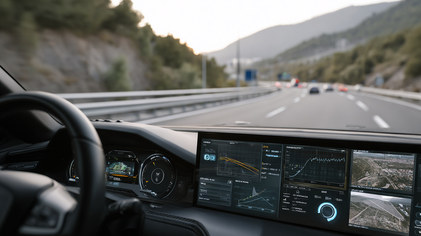 Smart autonomous vehicle dashboard showing realtime edge AI processing, multiple camera feeds, sensor data visualization
