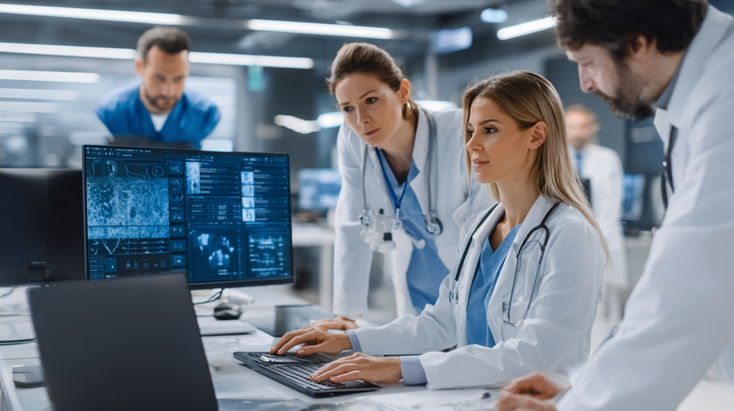 Healthcare professionals collaborating on AI model training across different hospitals with privacyprotected data streams