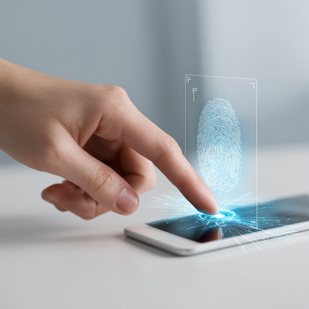 Person scanning a fingerprint on a device for biometric authentication