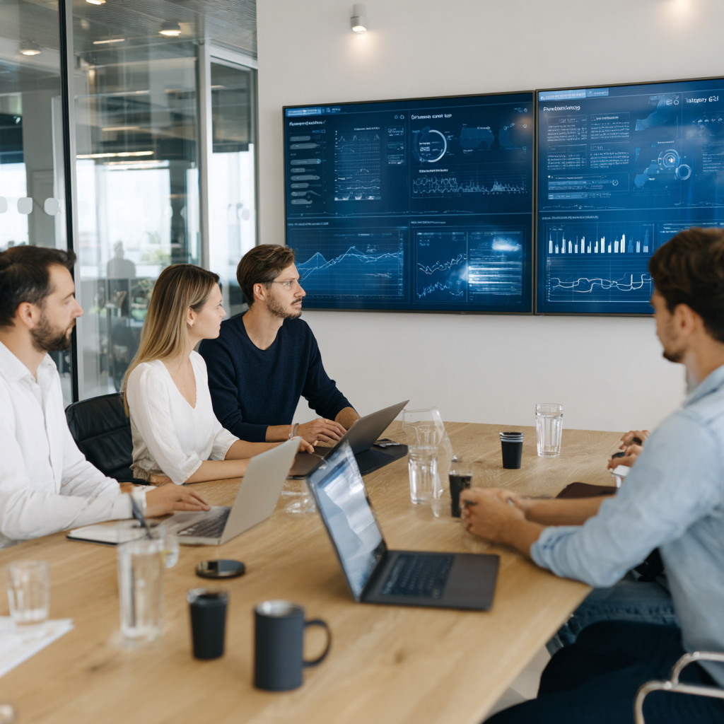 Business professionals collaborating with AI productivity dashboards and analytics