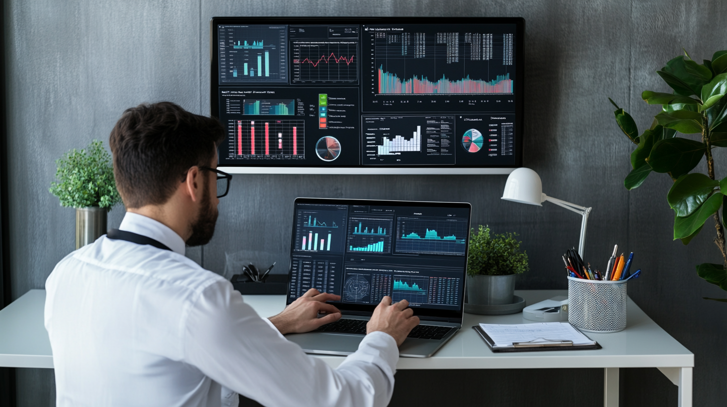 A data scientist analyzing charts and data models on a laptop in a modern office,