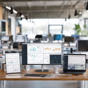 AI productivity dashboard workspace with multiple screens showing analytics, automation workflows, and team collaboration tools in modern office environment