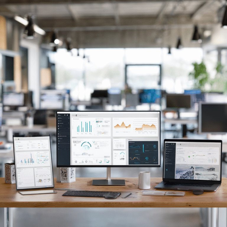 AI productivity dashboard workspace with multiple screens showing analytics, automation workflows, and team collaboration tools in modern office environment