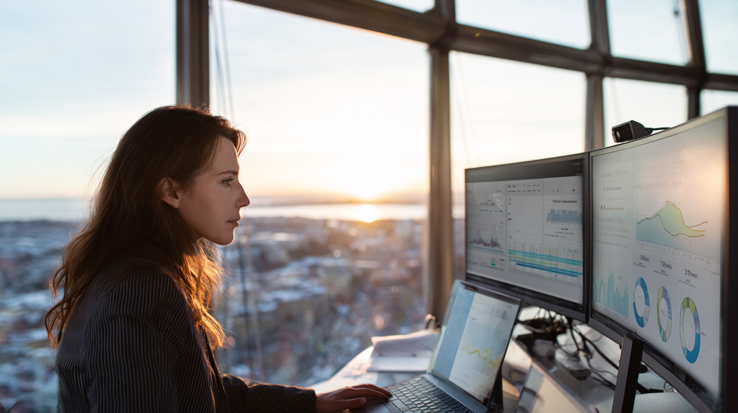 Professional woman reviewing AI marketing analytics in sunlit glass office overlooking cityscape