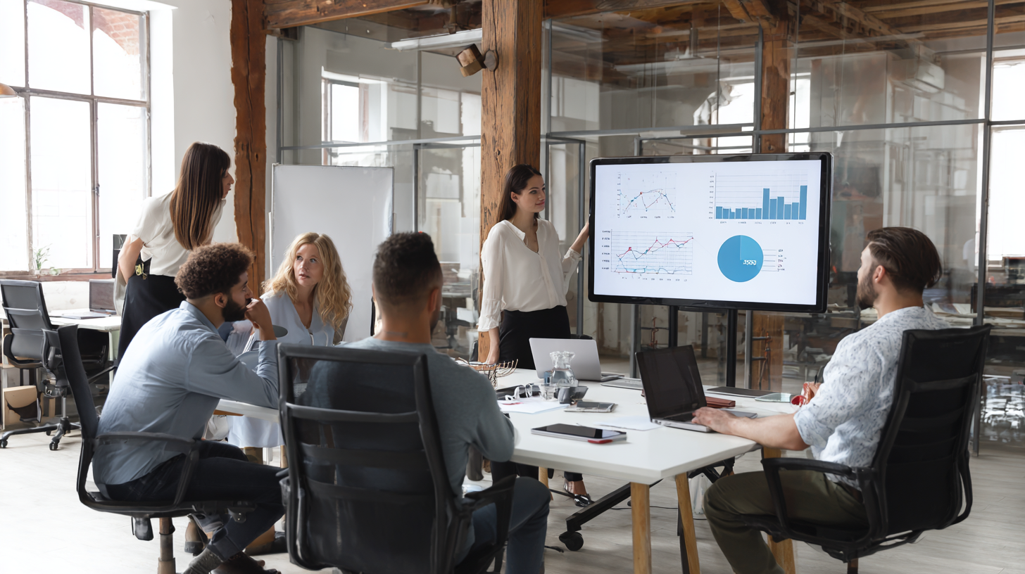 Diverse team collaborating around large touchscreen in minimalist workspace with floortoceiling windows
