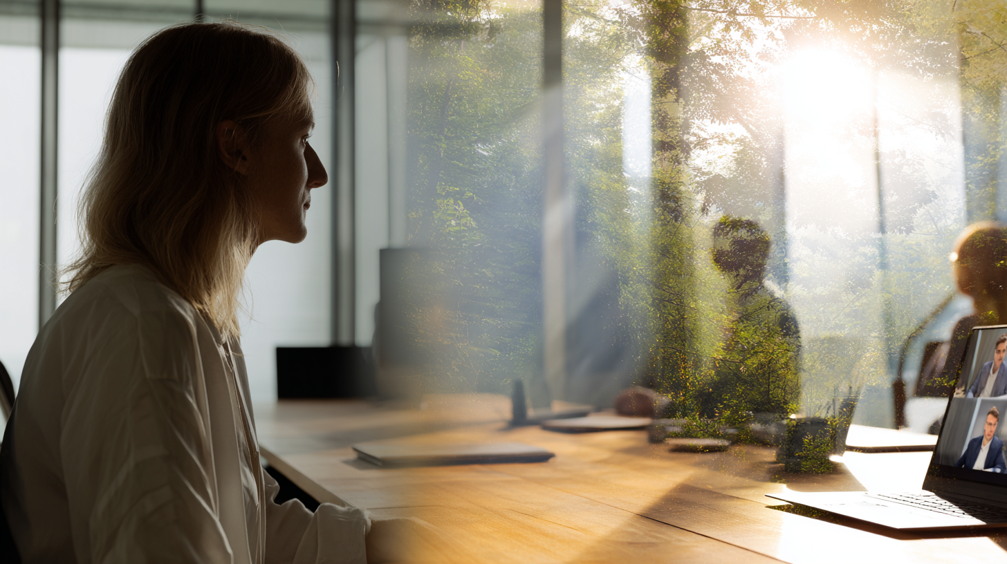 Senior executive conducting virtual meeting with global team in contemporary boardroom with living green wall