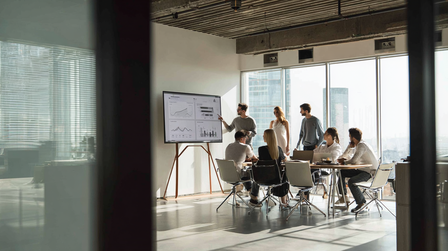 Diverse team collaborating around large touchscreen displaying customer feedback analytics in minimalist conference room with natural lighting