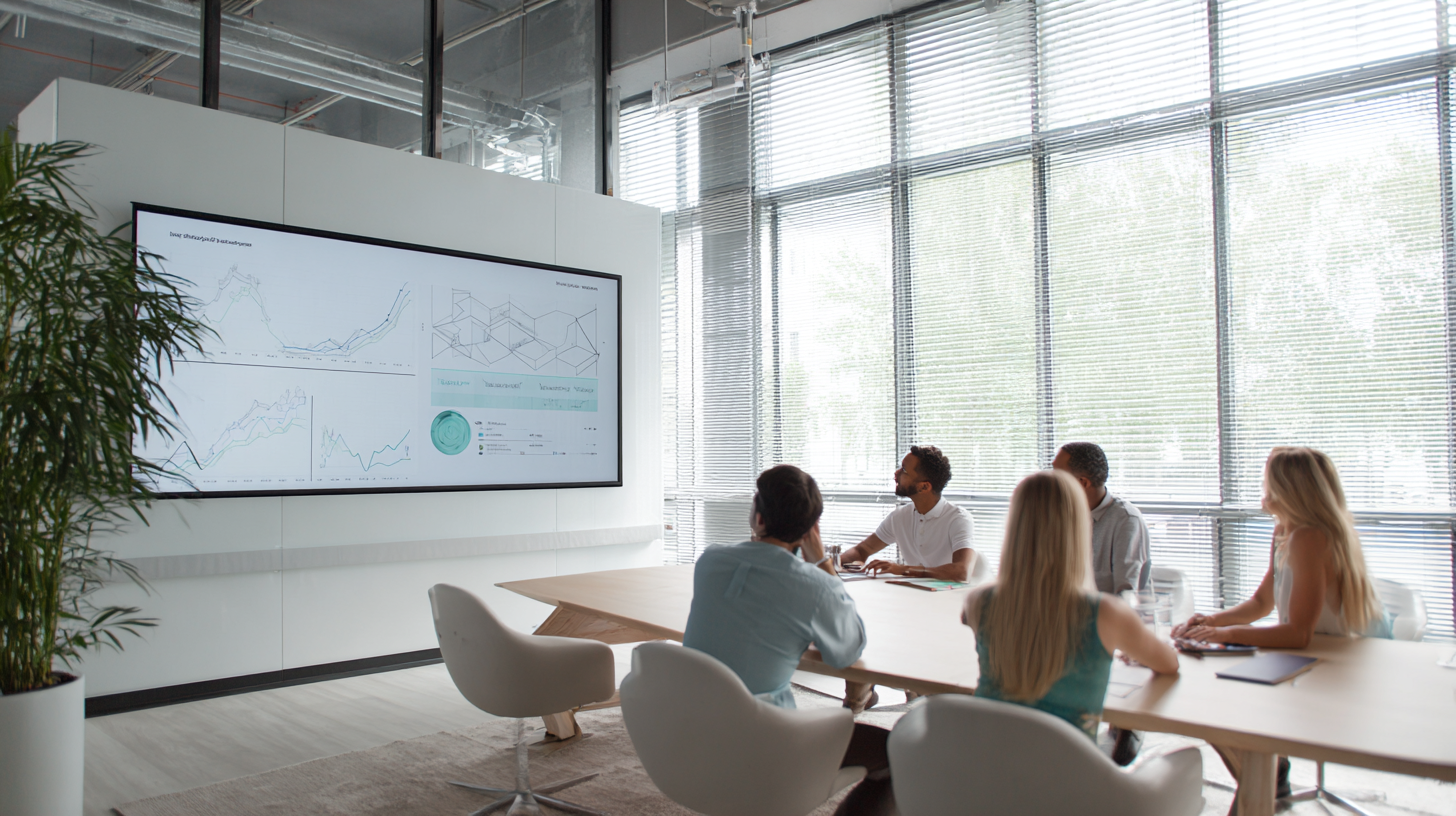 Professional data analyst reviewing sentiment analysis dashboard in modern glass office with city skyline view