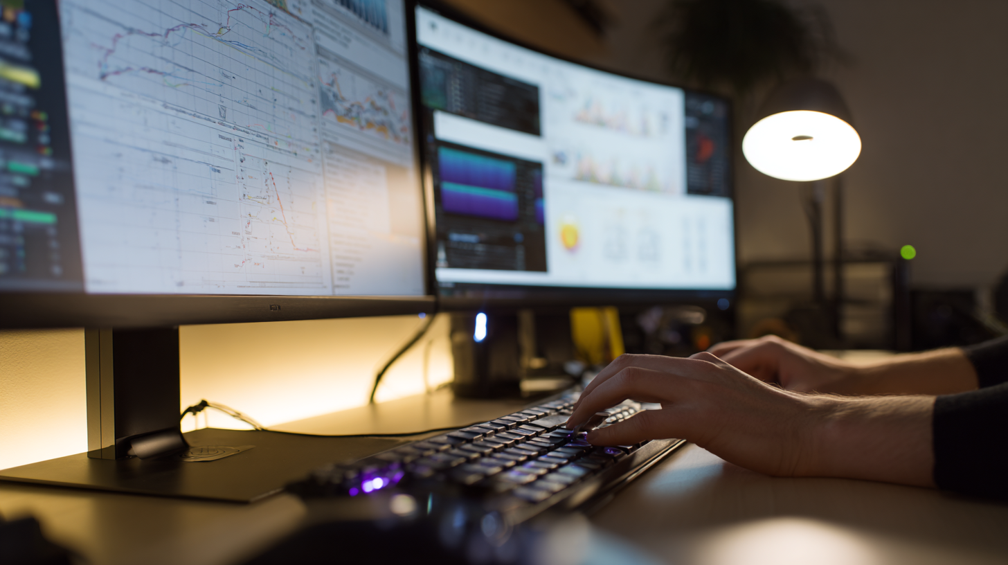 Closeup of hands typing on mechanical keyboard with multiple curved monitors displaying data visualizations in warm tungsten lighting