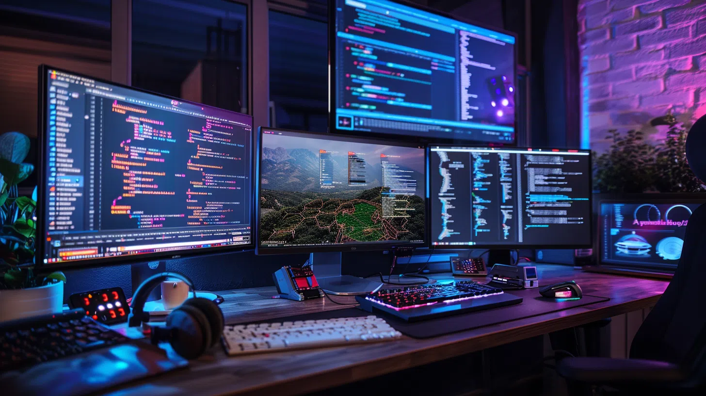 Machine learning development environment showing TensorFlow, PyTorch, and other frameworks with code examples, model training interfaces, and performance monitoring