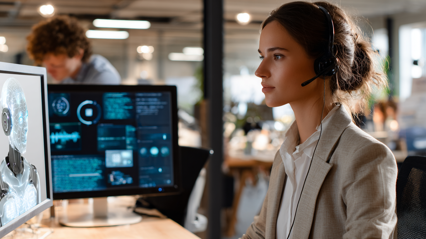 Modern customer service representative working alongside AI chatbot interface, showing seamless humanAI collaboration in a contemporary office environment, professional lighting, photorealistic