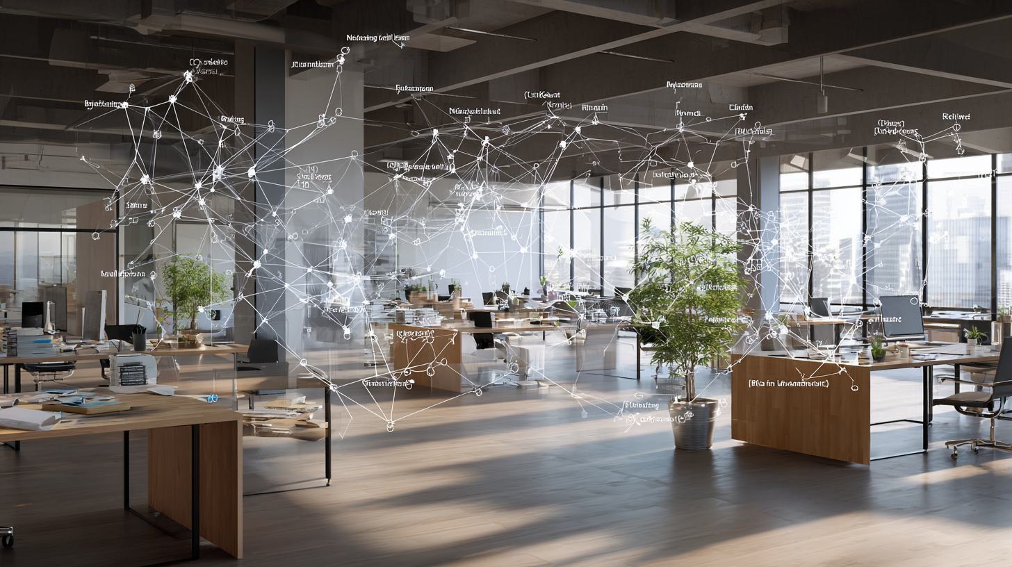 AI neural network visualization overlaying marketing campaign flow charts, contemporary office workspace, natural lighting, photorealistic