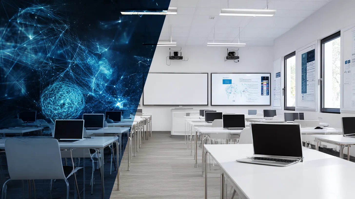 Split screen comparison showing traditional education classroom vs futuristic AI learning environment with neural network visualizations