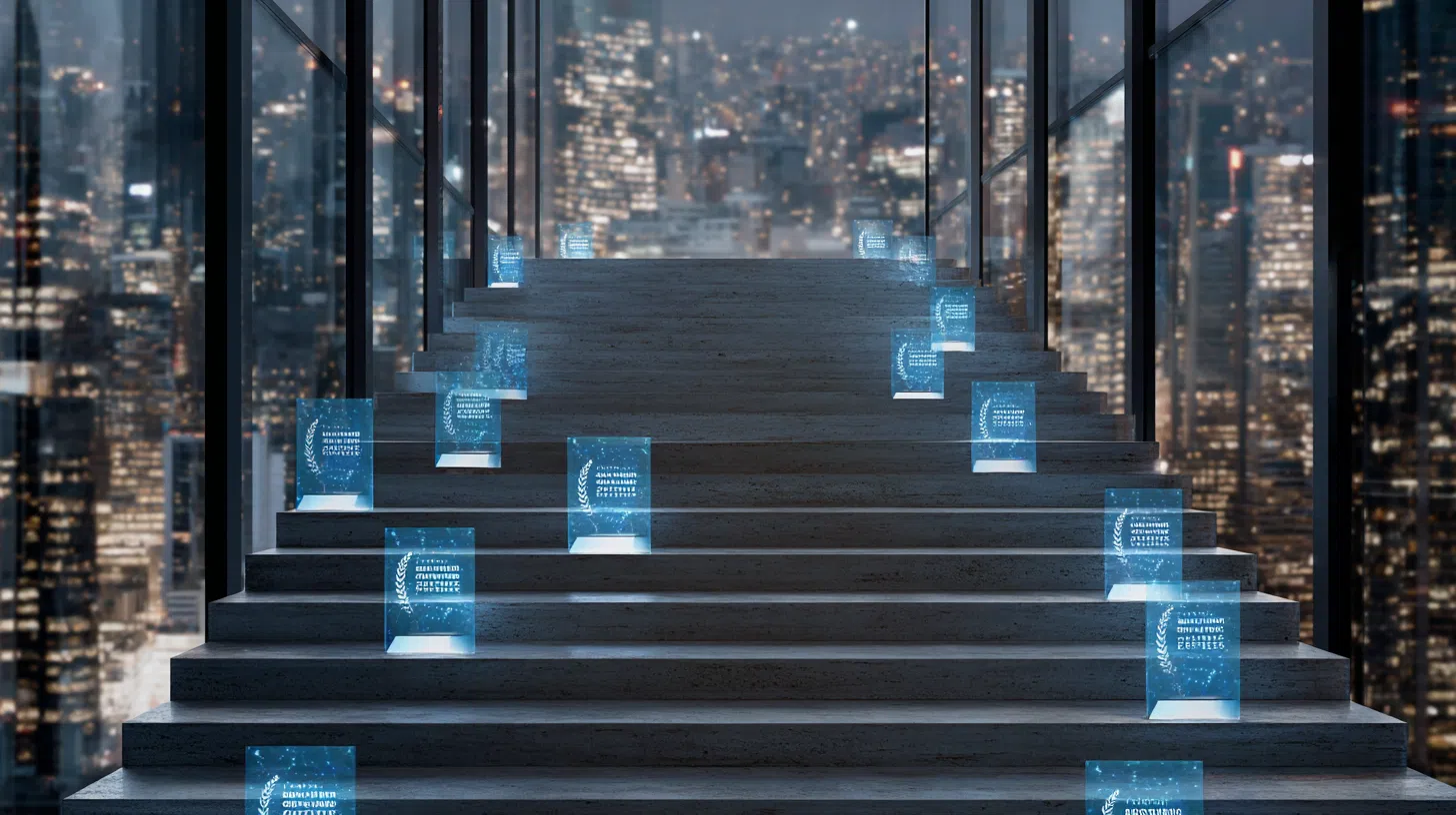 Ascending staircase made of digital certification badges leading to a cityscape of AI powered buildings with professional business concept
