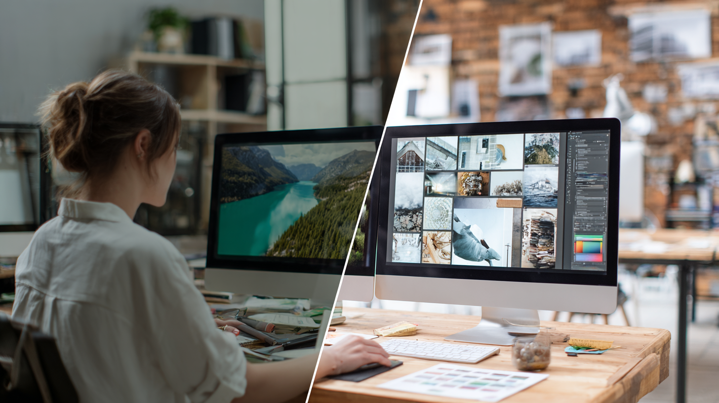 Split screen comparison showing traditional stock photo fatigue versus vibrant AIgenerated custom marketing visuals in creative workspace
