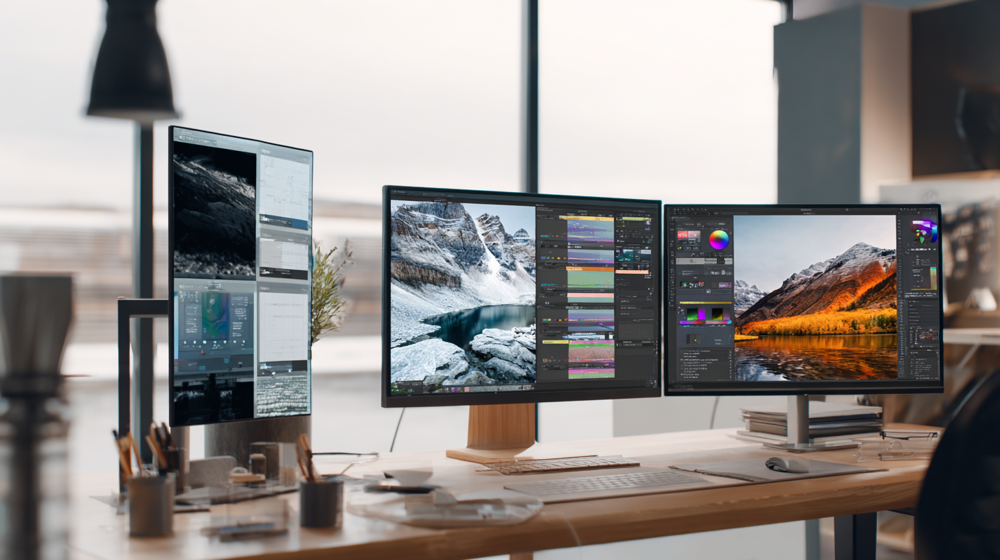 Three distinct marketing visual styles displayed on designer's workspace monitors representing different AI tools in modern design studio