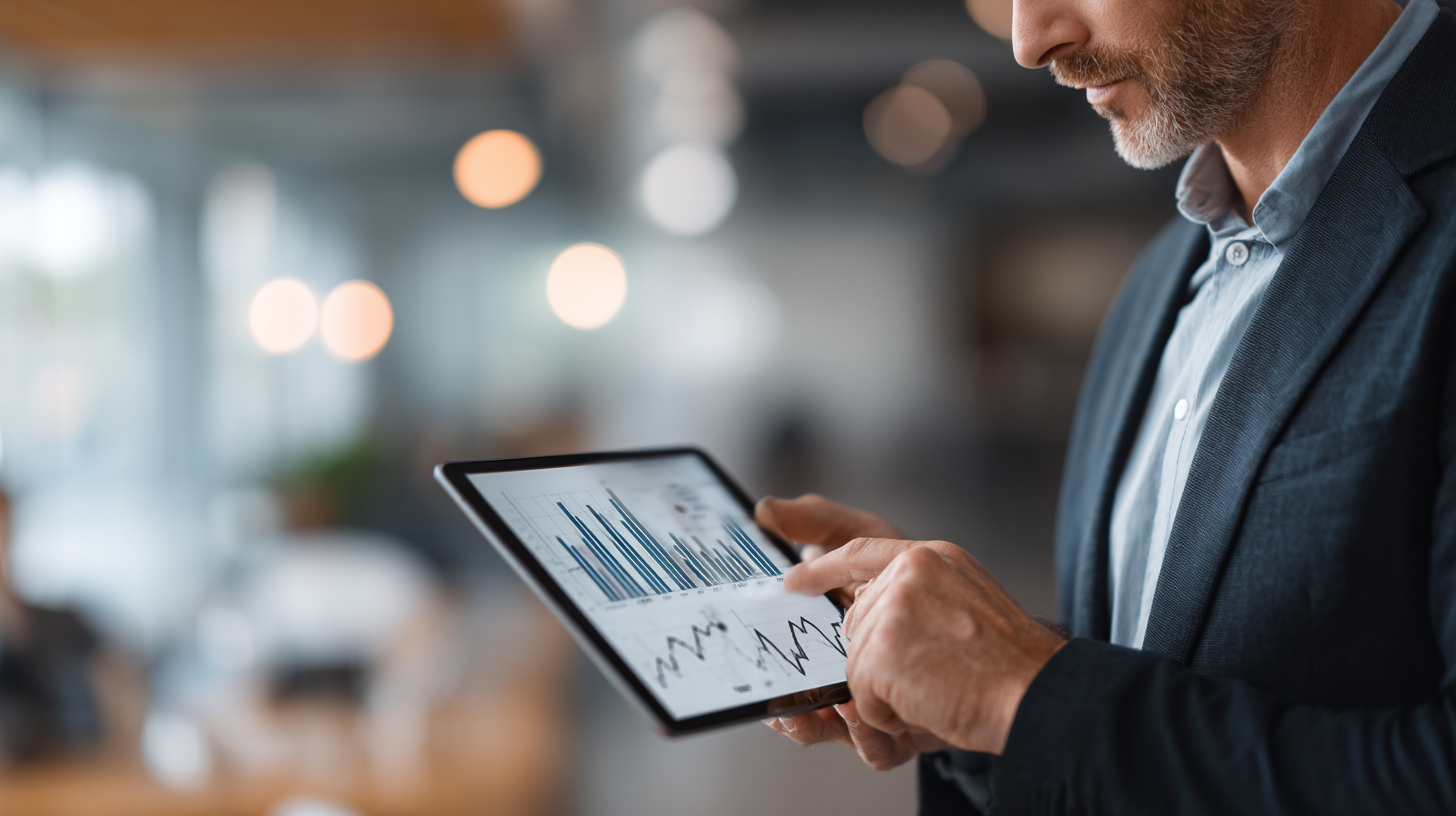 Business executive reviewing impressive ROI metrics on tablet showing email automation results