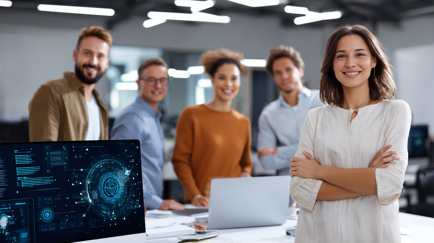 Enterprise team implementing AI tools workflow, diverse professionals in modern workspace, technology integration concept