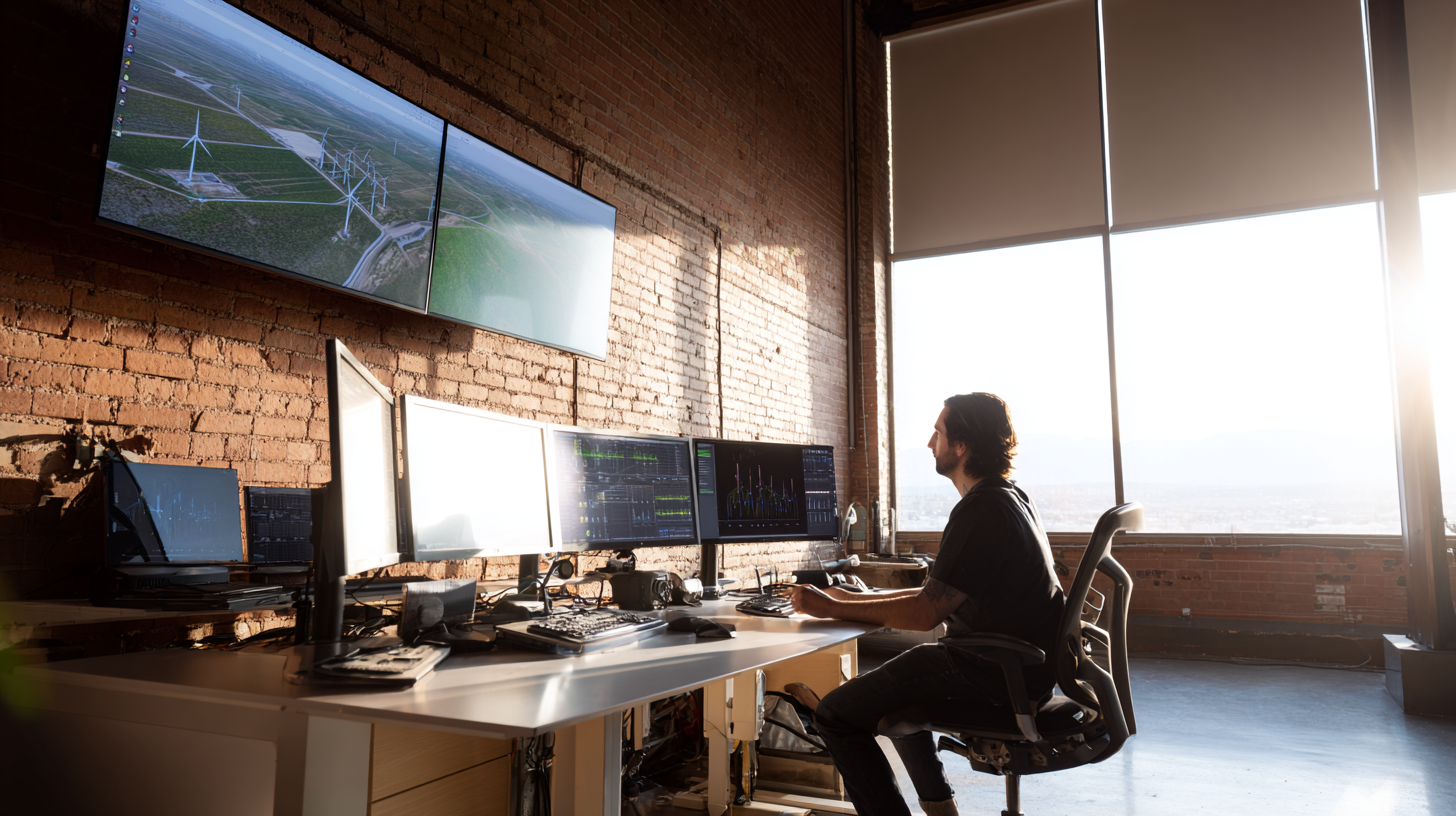 Renewable energy engineer monitoring solar farm performance on multiple screens