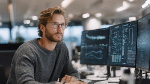 Professional data scientist analyzing text data on multiple computer screens, natural language processing algorithms visualized as flowing text transforming into structured insights, modern office environment, photorealistic, clean technology aesthetic