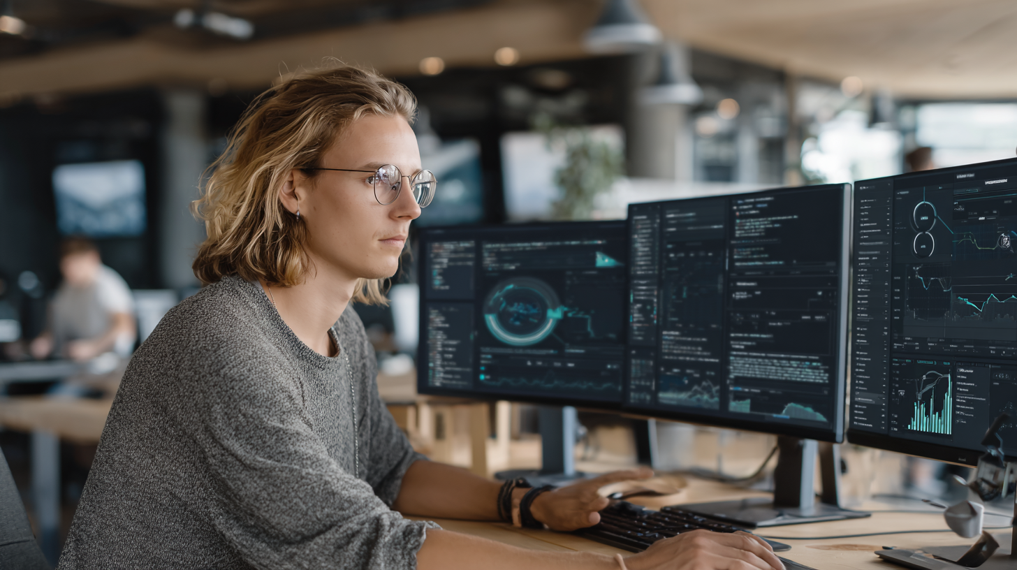 Professional data scientist analyzing text data on multiple computer screens, natural language processing algorithms visualized as flowing text transforming into structured insights, modern office environment, photorealistic, clean technology aesthetic