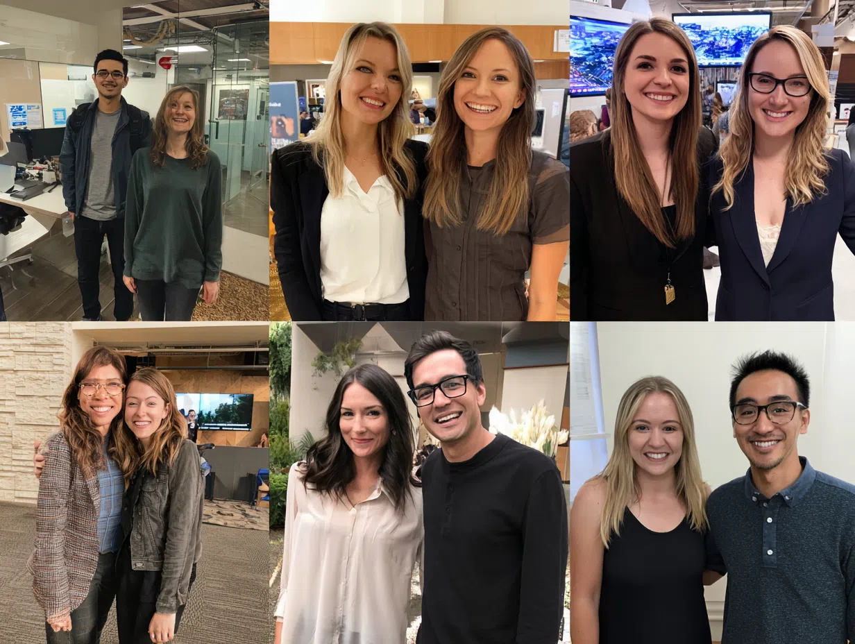 Collage of successful AI career transition professionals in their new roles at tech companies showing before/after career progression and achievement celebrations