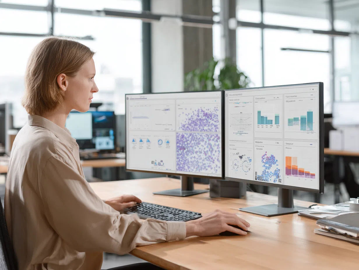 Professional woman at modern workstation with dual monitors displaying AI dashboards, machine learning models, data visualizations, and career progression charts