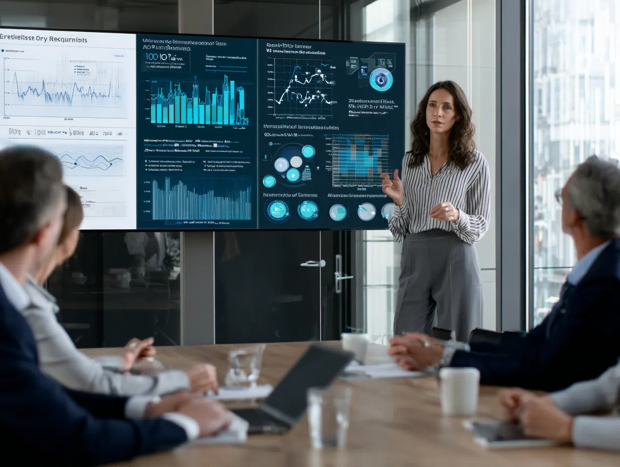 Corporate boardroom presentation showing AI ethics framework with bias detection charts, fairness metrics, and responsible development practices