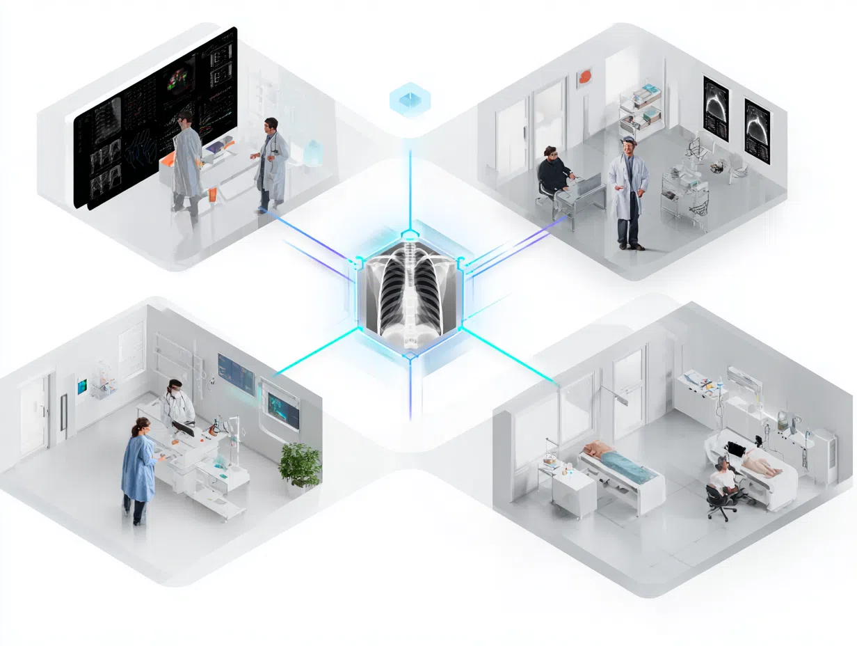 Healthcare AI applications showing medical imaging analysis, patient data analytics, diagnostic assistance tools, and clinical decision support in hospital setting