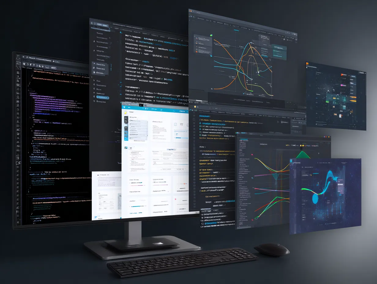 Developer workspace with code editor showing Python machine learning code, data visualization graphs, model training interface, and deployment pipeline
