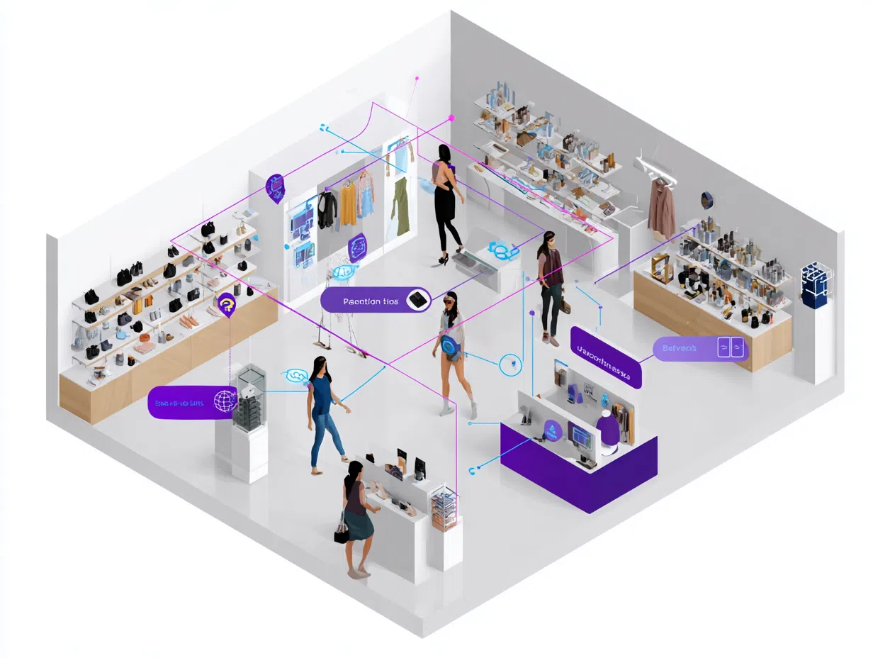 AI powered retail environment showing personalized product recommendations, inventory management systems, customer behavior analytics, and virtual shopping assistants
