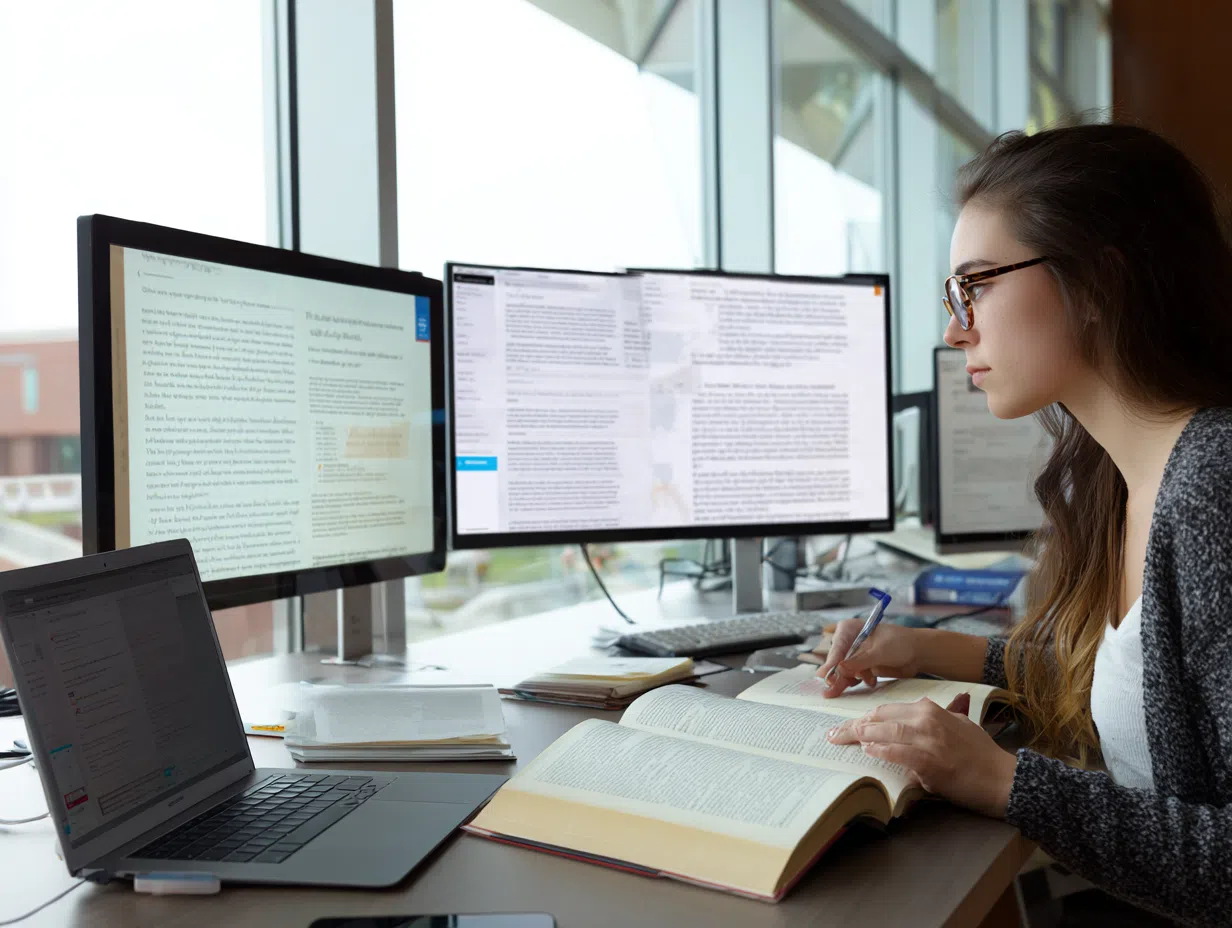 Student using AI tools for research with multiple screens showing literature review, citation management, writing assistance, and academic planning