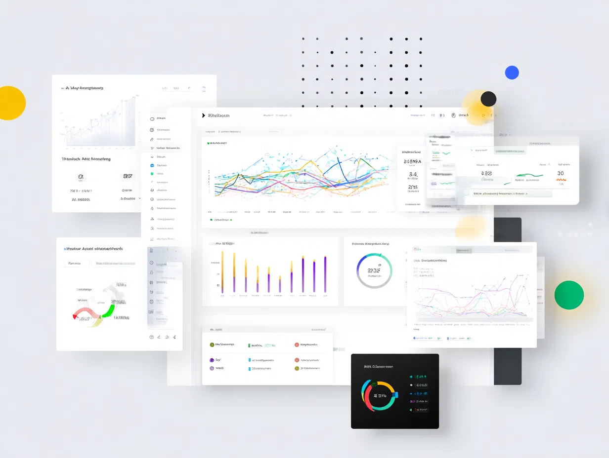 Business productivity dashboard showing AI powered marketing analytics, sales automation metrics, customer service performance, and ROI tracking with growth indicators
