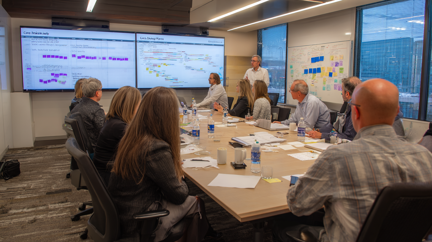 Change management transformation showing leadership team guiding organizational change with stakeholder mapping, resistance management, and cultural evolution strategies