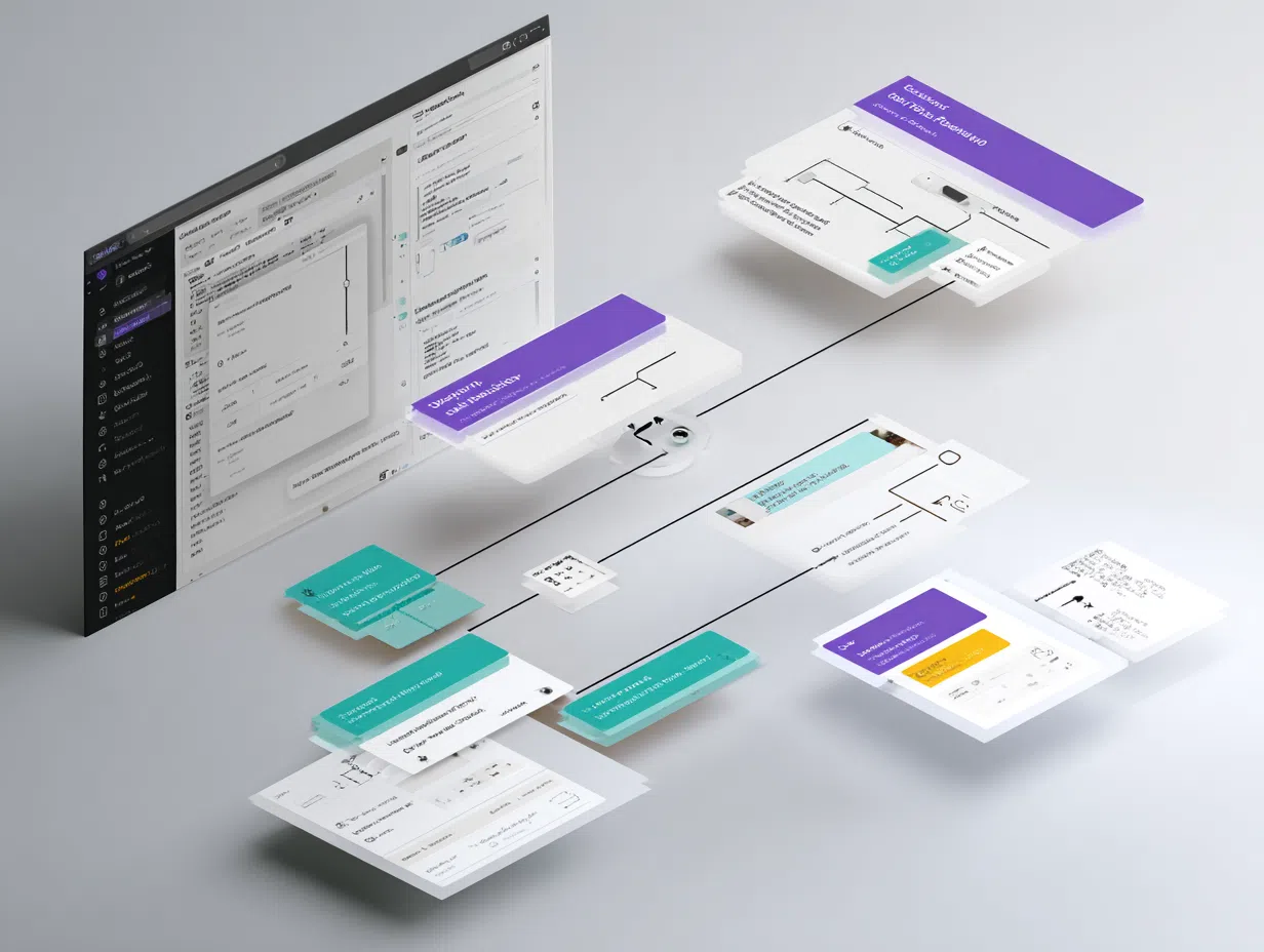 Chatbot development interface showing conversation flow design, natural language processing components, and user interaction testing