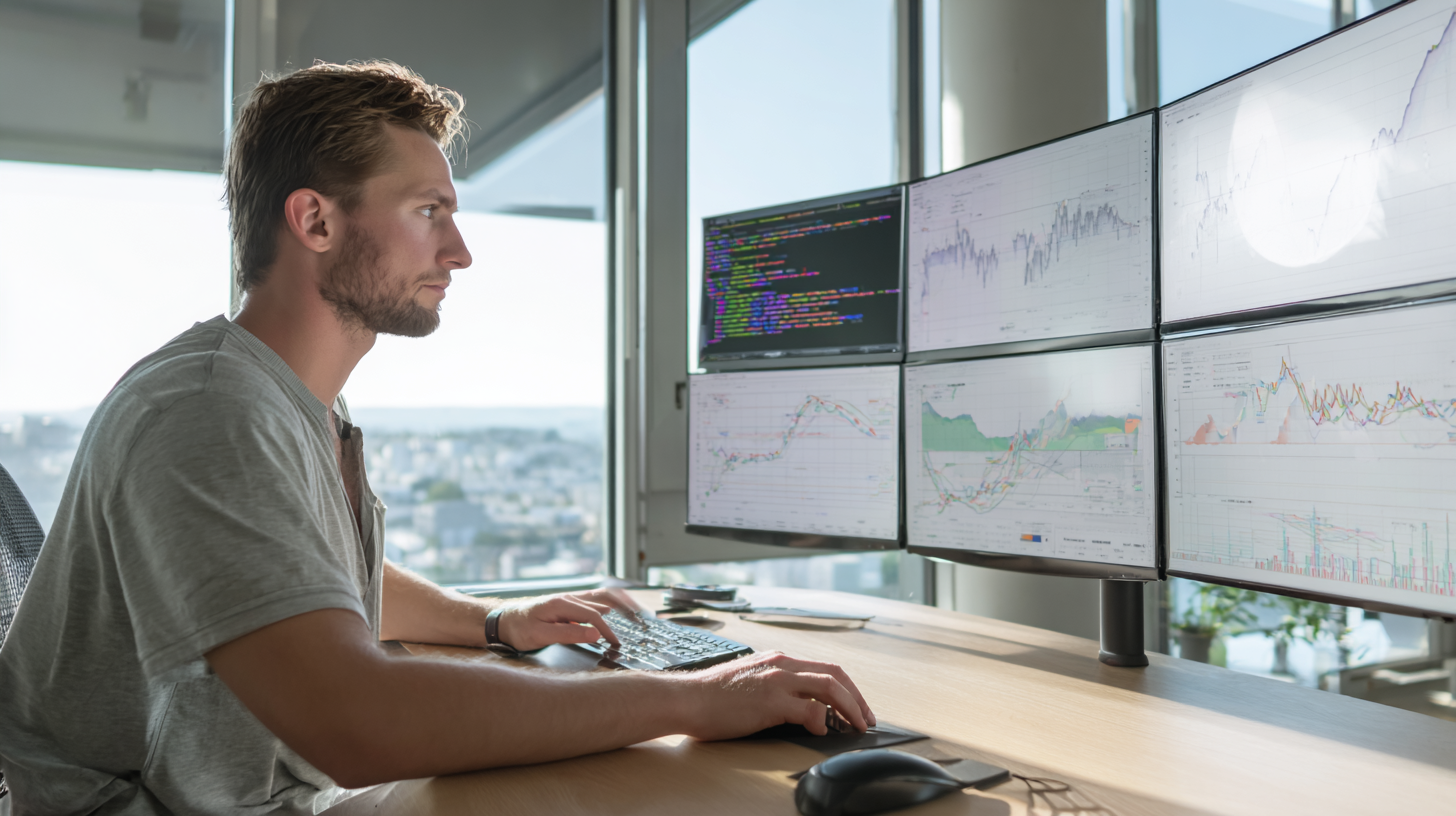 Professional data scientist analyzing complex datasets on multiple monitors with Python code and data visualizations